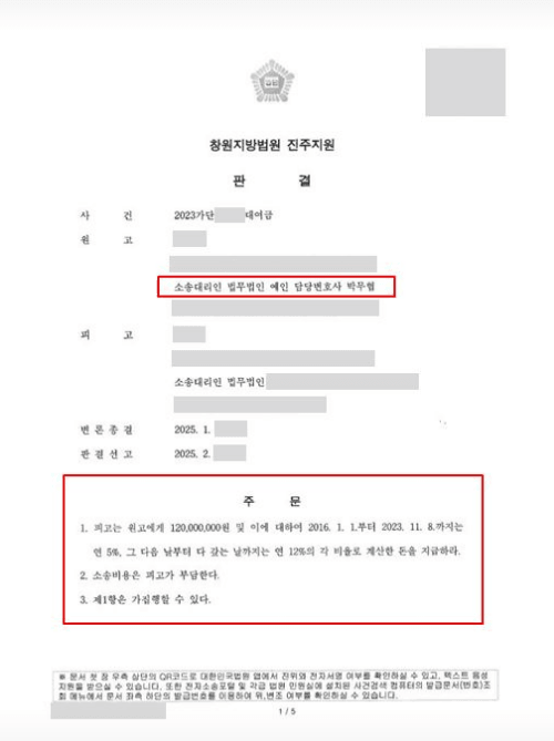 차용증이 강박으로 작성되었다는 피고의 허위 주장을 금융 계좌 추적 분석으로 타파하여 창원지방법원 진주지원에서 1억 2,000만 원 전액 승소 판결을 도출한 법무법인 예인 박무협 변호사의 판결문