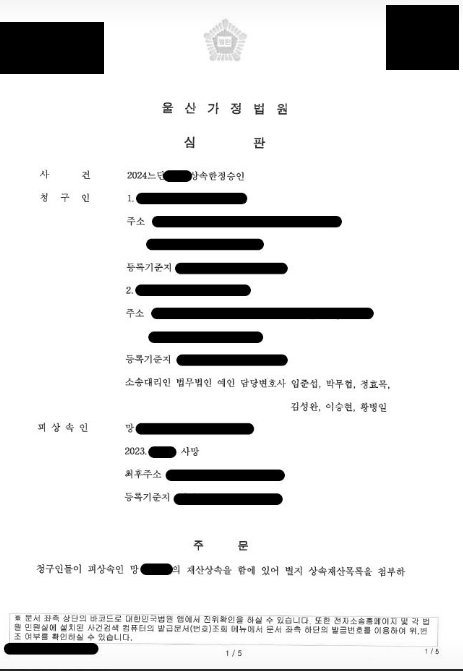 부동산·개인채무 15건 얽힌 상속한정승인 수리 — 심판문